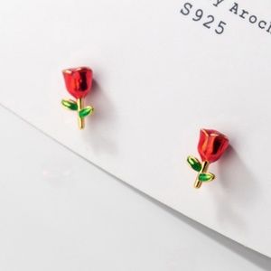 Sterling Silver Red Rose Earrings Floral Flower Red Green Stud Earrings